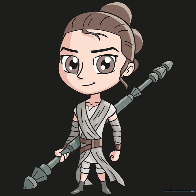Fully colored chibi Rey illustration with brown hair and beige outfit.