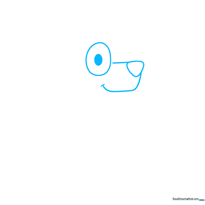 Close-up of Chilli Heeler's eye and snout sketch showing basic oval and triangle shapes.