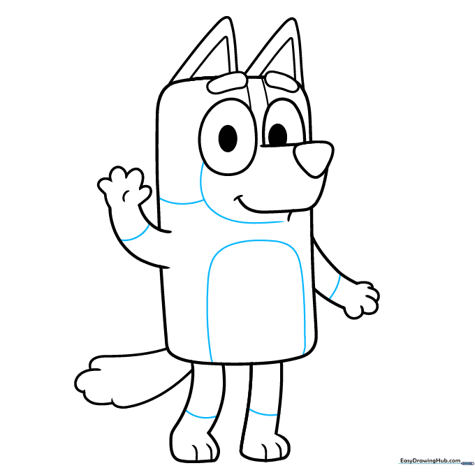Adding coat markings on the arms, legs, and tummy of the Chilli Heeler drawing.