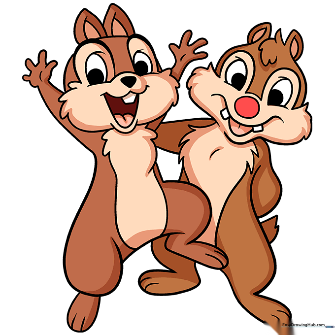 Fully colored drawing of Chip and Dale with brown fur and distinct nose colors.
