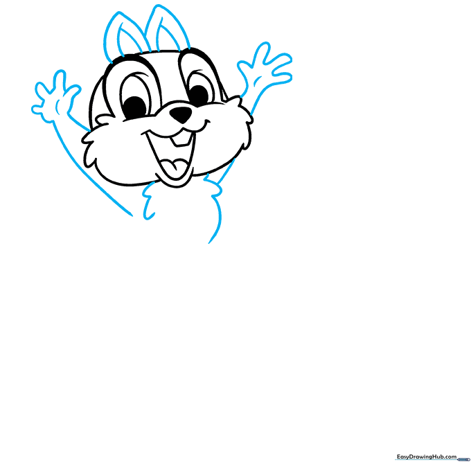 Adding triangular ears and arm outlines to the character sketch.