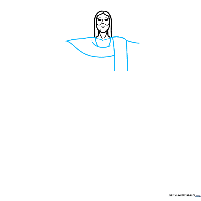 Drawing the shoulders and draped garment of the statue.