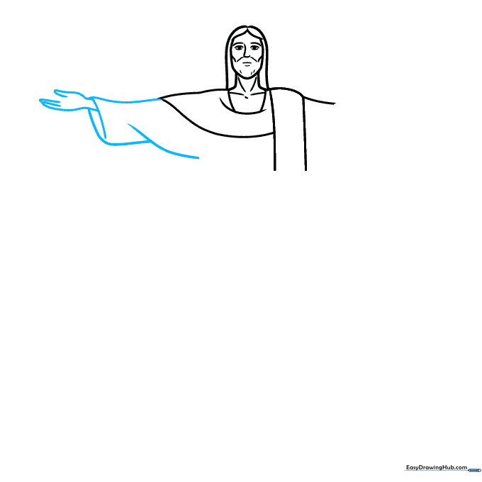 Sketching the first outstretched arm and sleeve.