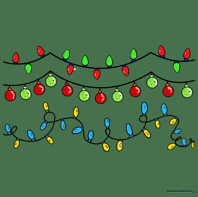 The finished Christmas lights drawing fully colored with vibrant markers.