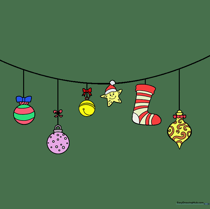 The completed Christmas ornament drawing, fully colored with bright, festive shades.