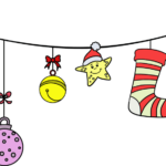 A colorful collection of hand-drawn Christmas ornaments hanging on a string.