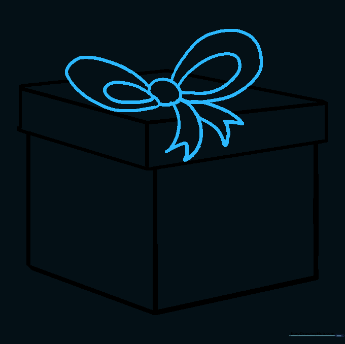 Adding a decorative bow with loops and ribbon tails to the top of the box.