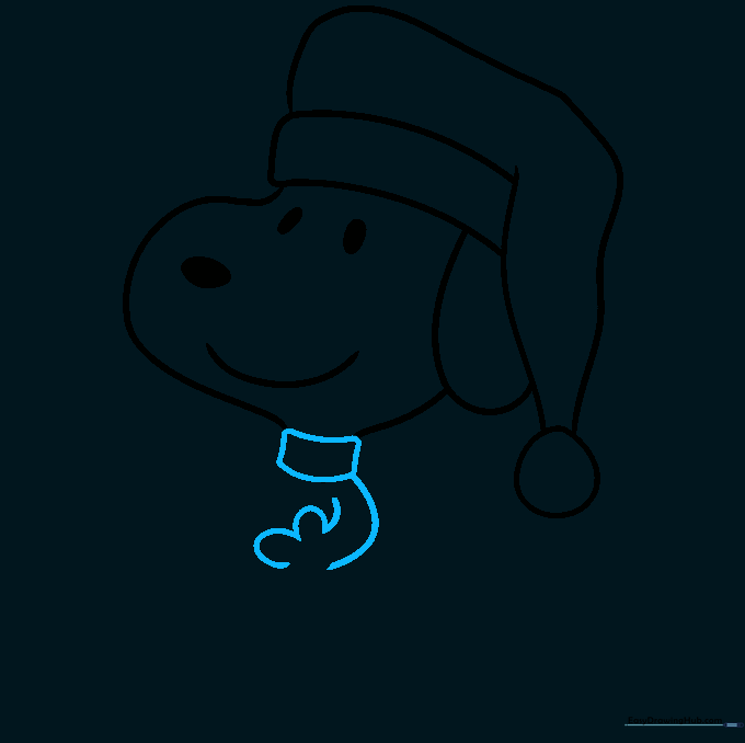 Sketching the scarf around the neck and the beginning of Snoopy's arm and hand.
