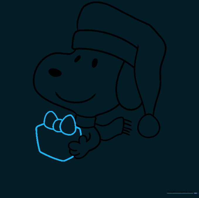 Drawing a 3D gift box with a bow held by Snoopy.