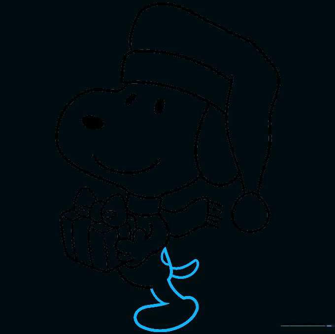 Outlining the body, tail, and the iconic spot on Snoopy's back.