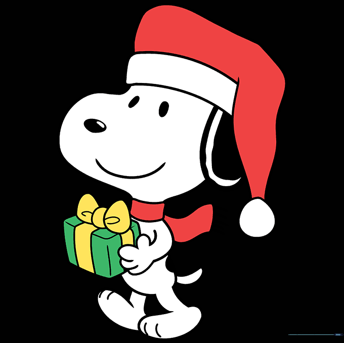 The finished, colored drawing of Christmas Snoopy with a red hat and scarf.