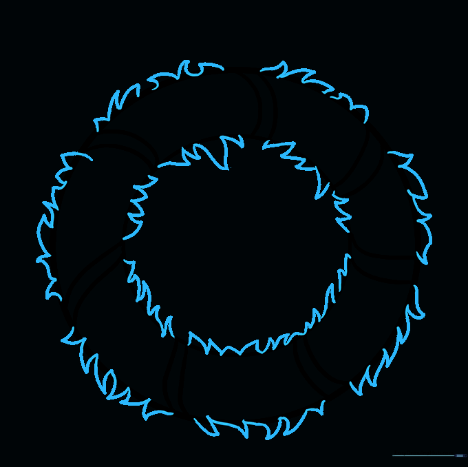 Jagged, short lines added to the edges of the wreath to simulate the texture of pine needles.