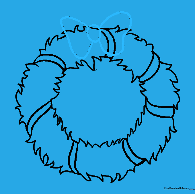 A decorative bow added to the top of the wreath sketch.