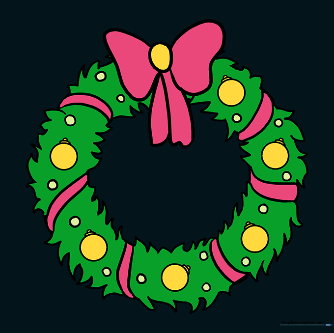 A fully colored Christmas wreath with green needles, a red bow, and red ornaments.