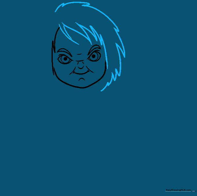 Drawing the wild, spiky hair outline around the character's forehead.