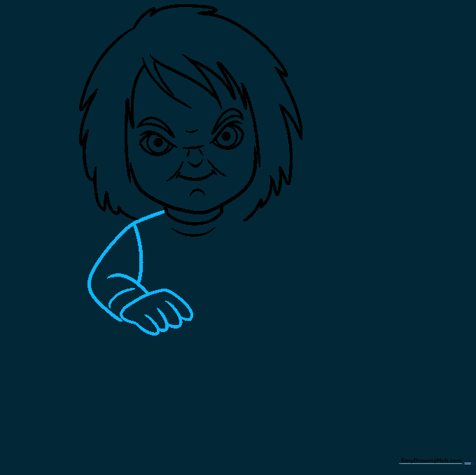Sketching the arm and hand with simple finger shapes.