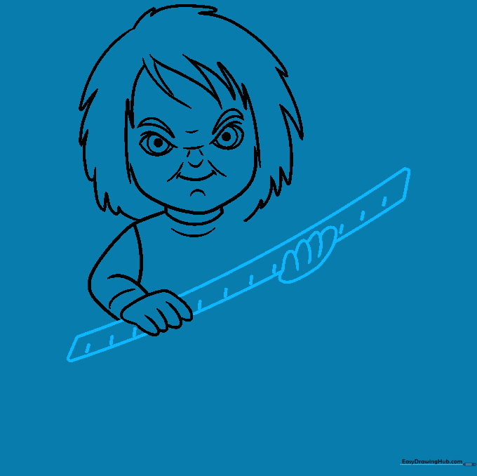Drawing a rectangular object held by the character's hand.