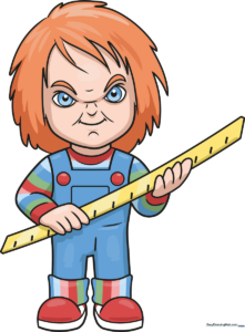 Full-color illustration of Chucky, a stylized horror doll character.