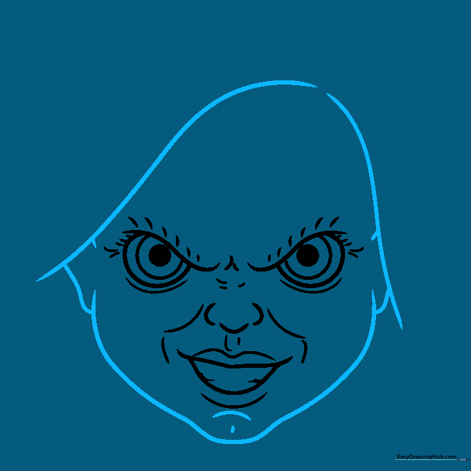 Outlining the head shape, chin, and ears on the drawing.