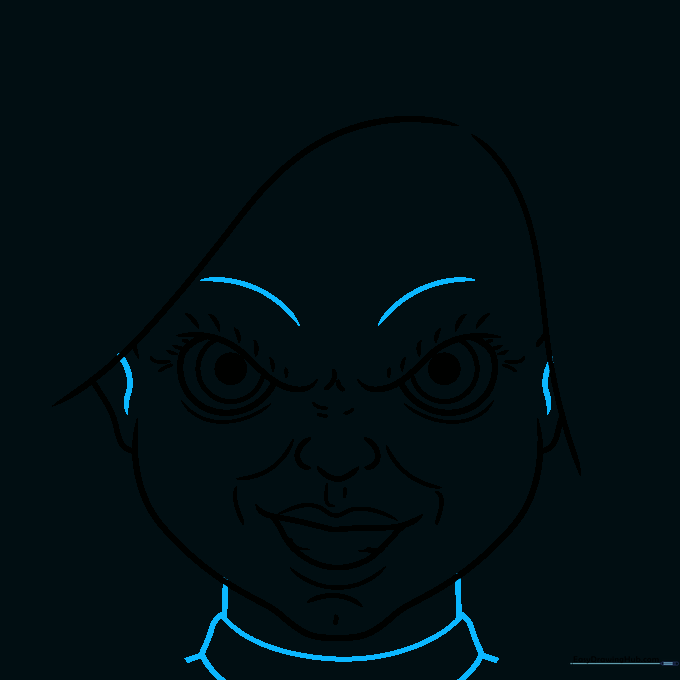 Drawing the collar and neck details to complete the head structure.