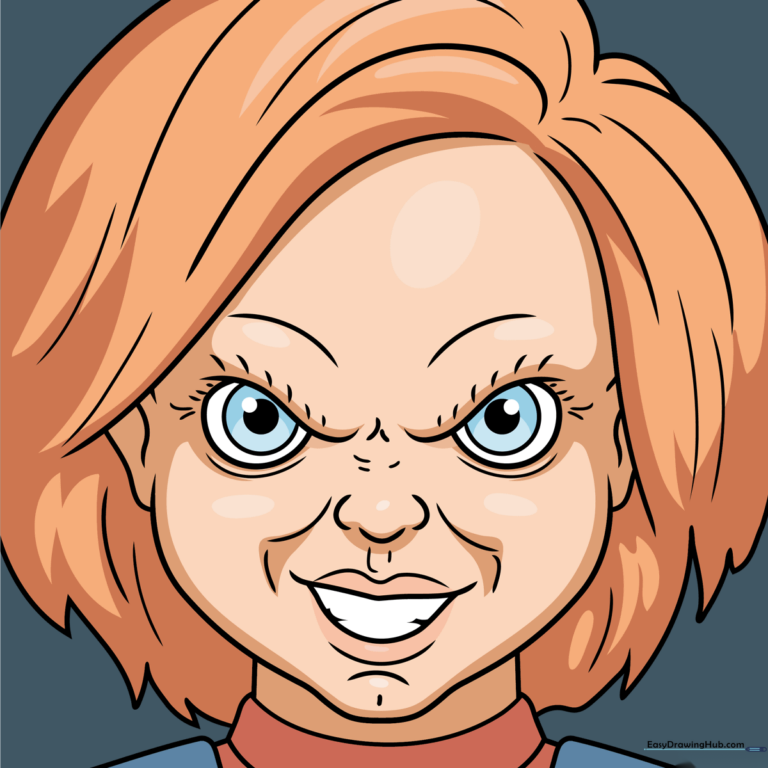 A vibrant, finished illustration of Chucky's face, showcasing the final colored result.