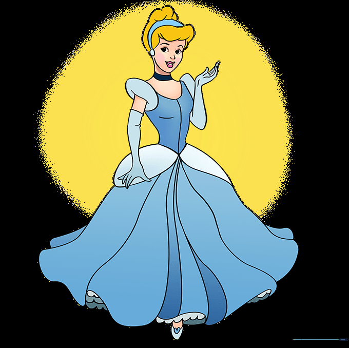 The finished Cinderella drawing colored with blonde hair and a blue dress.