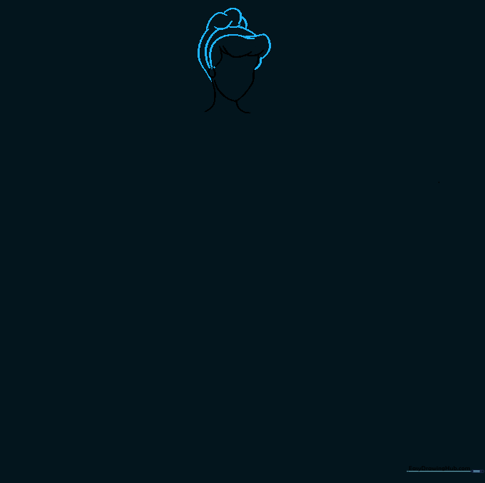 Drawing the hair outline and headband using smooth, rounded lines around the head shape.