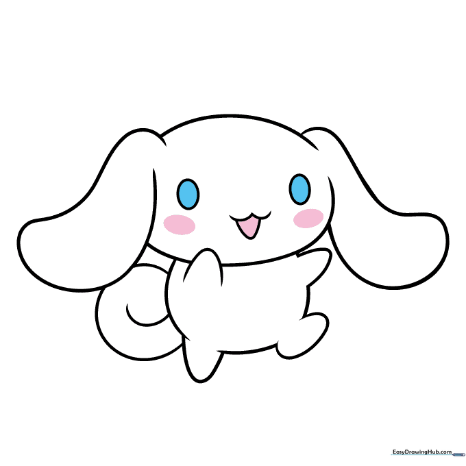 Final colored drawing of Cinnamoroll with blue eyes and pink cheeks.