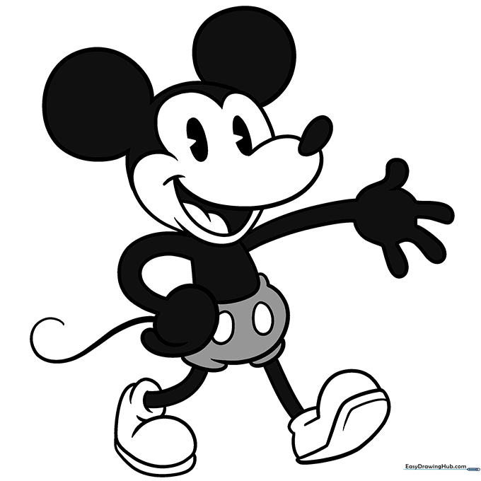 Finished Mickey Mouse drawing colored in classic black, white, and grey.