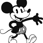 A complete, colored drawing of classic Mickey Mouse standing in a happy pose.