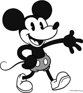 A complete, colored drawing of classic Mickey Mouse standing in a happy pose.
