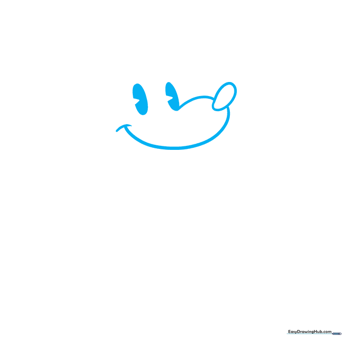 Pencil sketch showing two pie-cut eyes and a small oval nose for Mickey Mouse.
