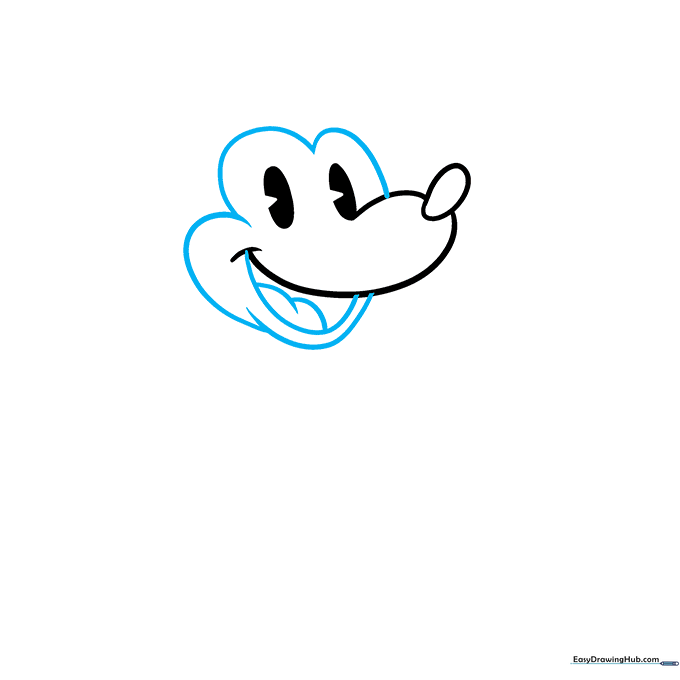 Drawing the outline of Mickey's face and his wide, open-mouthed smile.