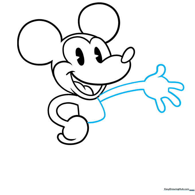 Drawing the torso and hand details for Mickey Mouse.