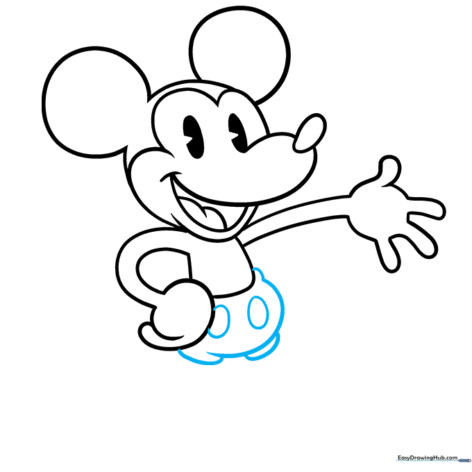 Drawing Mickey's iconic shorts with two large oval buttons.