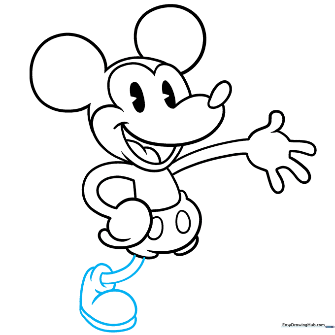 Drawing the first leg and large, rounded shoe.