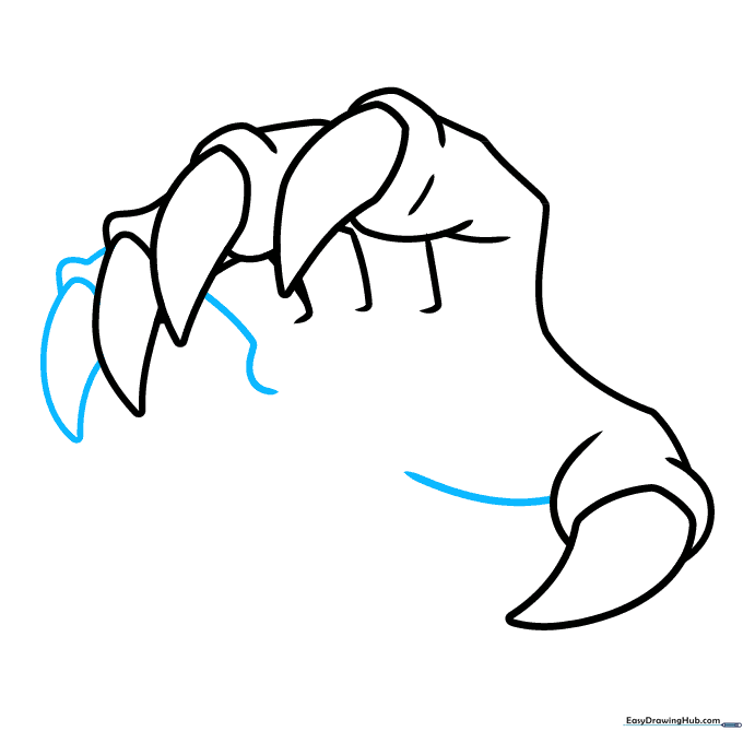 Drawing the final finger and the palm pad of the monster hand.