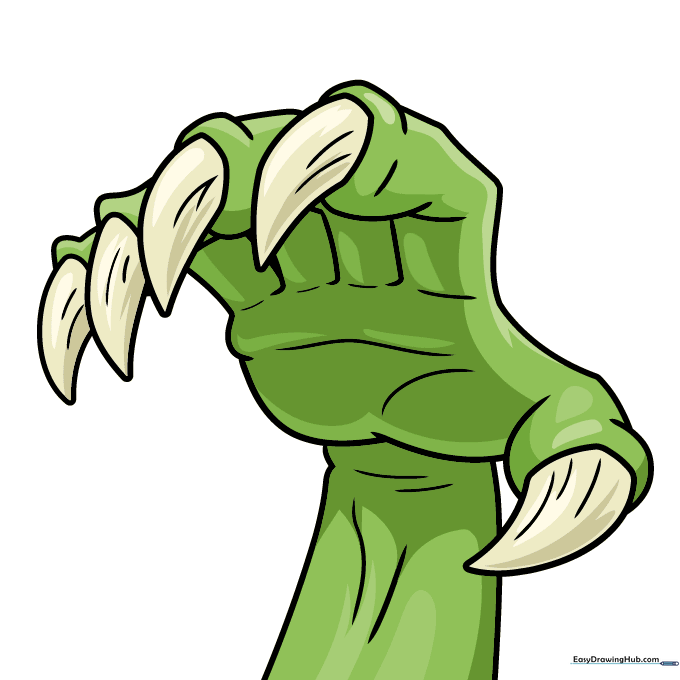 A fully colored green monster hand with sharp claws.