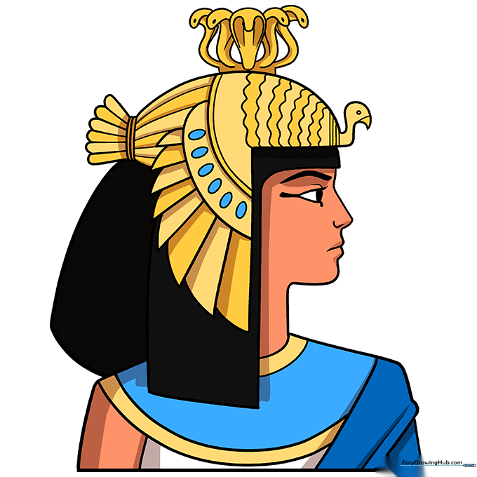 Fully colored illustration of Cleopatra with gold, blue, and black accents.