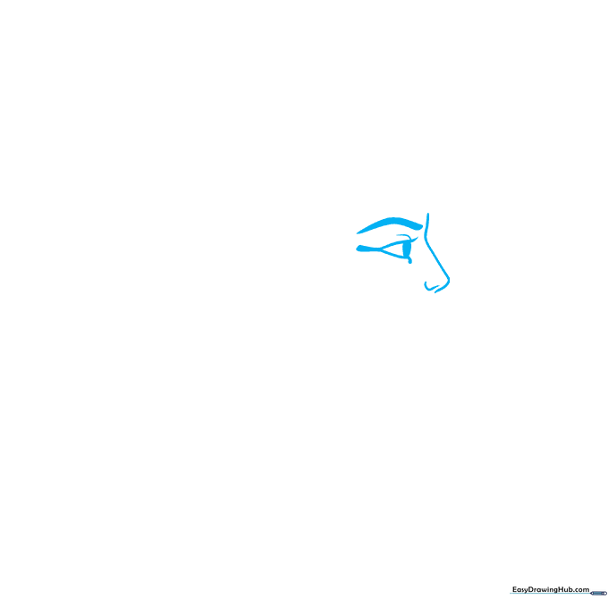 Close-up pencil sketch of Cleopatra's eye and nose profile on white background.