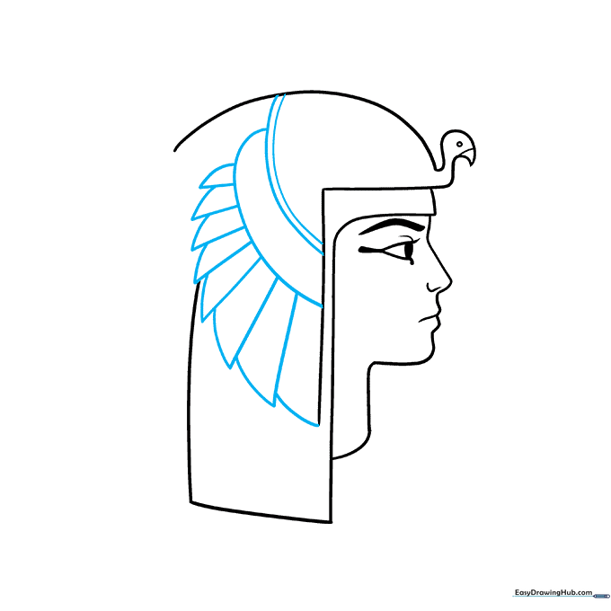 Detailing the bird wing feathers on the headdress with parallel lines.