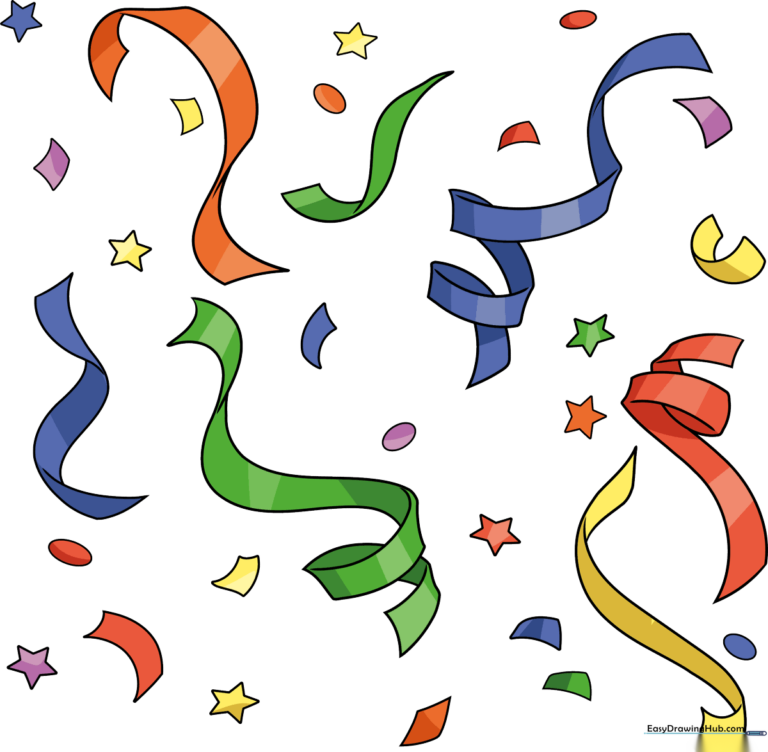 A colorful and festive illustration of various confetti shapes, including ribbons and stars.