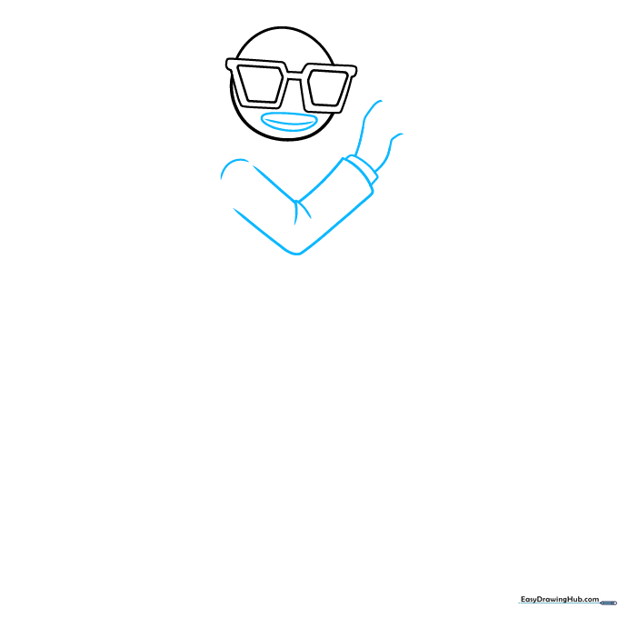 Drawing the oval mouth and the initial V-shape structure for the character's arms.