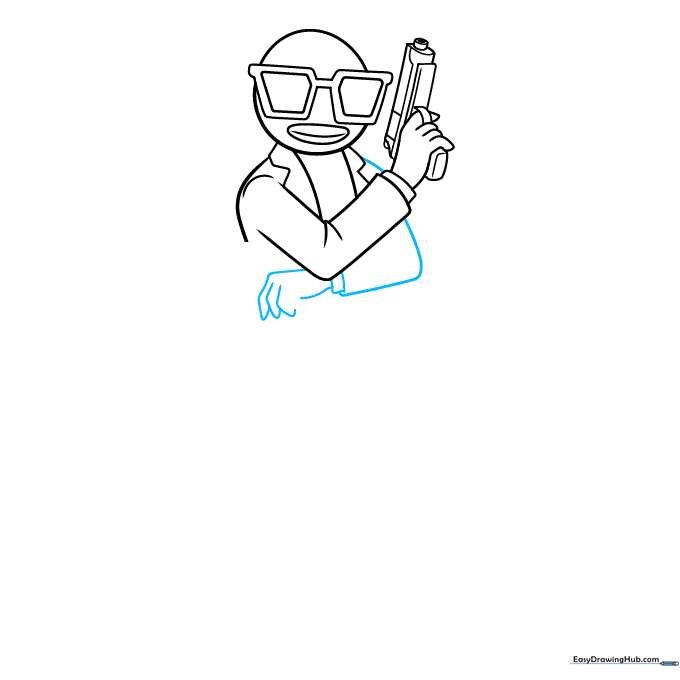 Drawing the right arm and hand structure using simple geometric shapes.