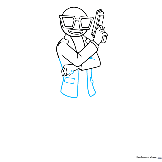Adding the final finger and sketching the coat structure for the suit.