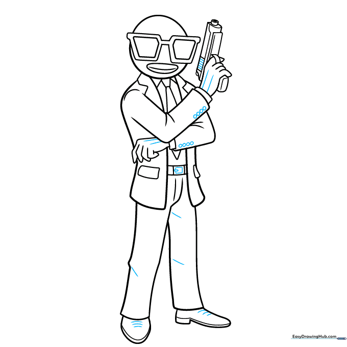 Adding final details and outlining the character with ink.