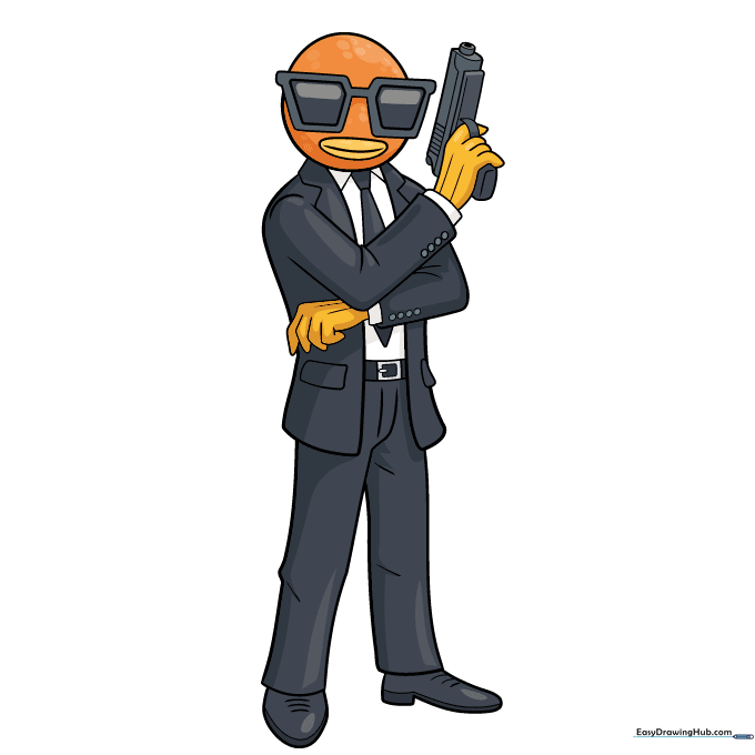 Finished colored drawing of Contract Giller with orange head and black suit.