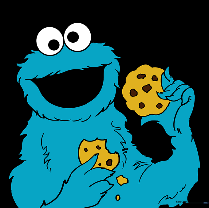 Fully colored Cookie Monster drawing with blue fur and brown cookies.