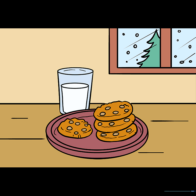 A fully colored drawing of cookies and milk on a table.