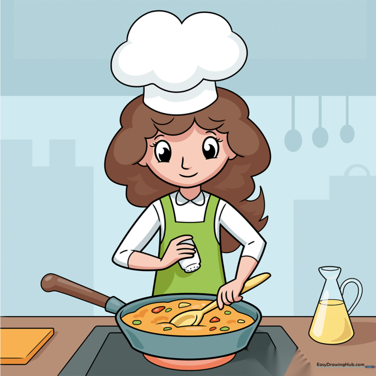 A colorful, finished illustration of a friendly chef cooking a meal, used as the tutorial cover.